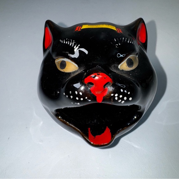 VTG Black Cat Head RedWare Figural Ashtray Incense Burner Made In Japan - Picture 1 of 7